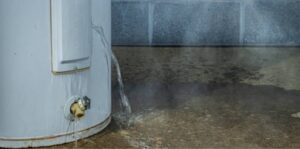 Leaking water heater tank showing water pooling on the floor – Water Heater Maintenance Tips