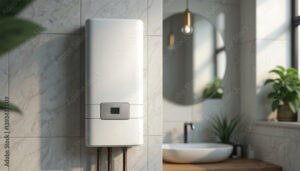 Sleek tankless water heater installed in a stylish bathroom – water heater summer tips