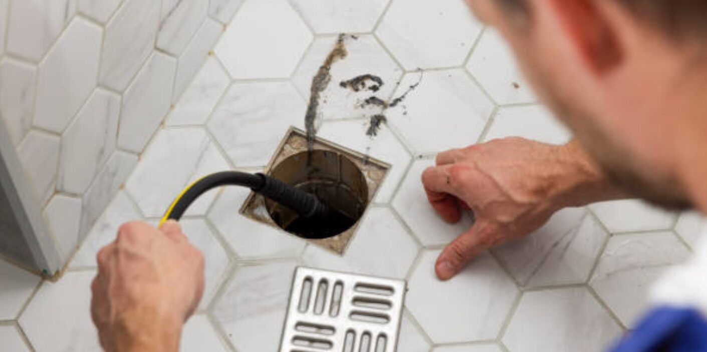 A plumber uses a professional snake tool to clear a clogged shower drain on a tiled floor.