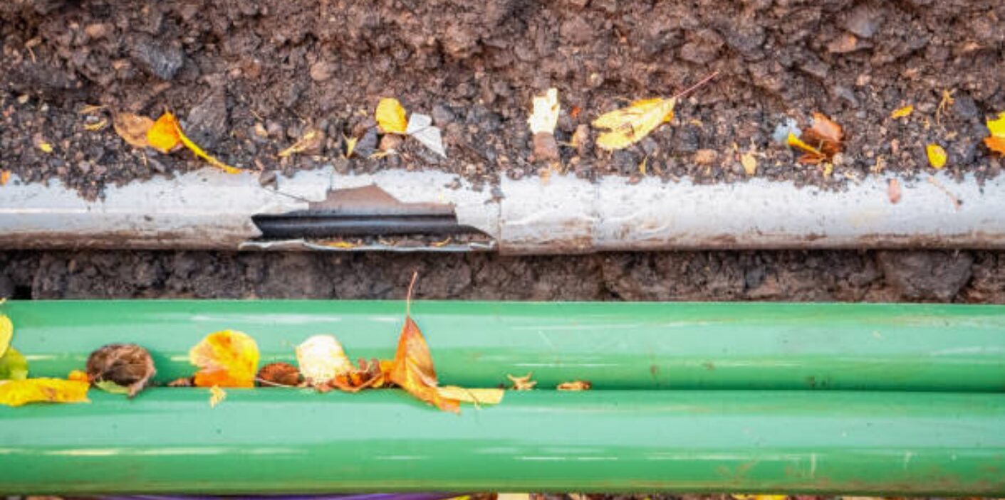 Cracked underground pipe surrounded by autumn leaves – a reminder for businesses to prepare their commercial plumbing this fall.