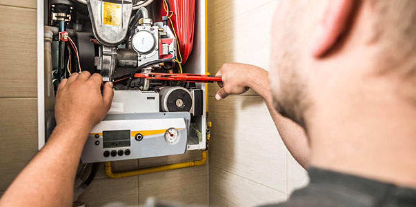 A professional plumber using a wrench to perform diagnostics and repair on a standard water heater or boiler control panel.