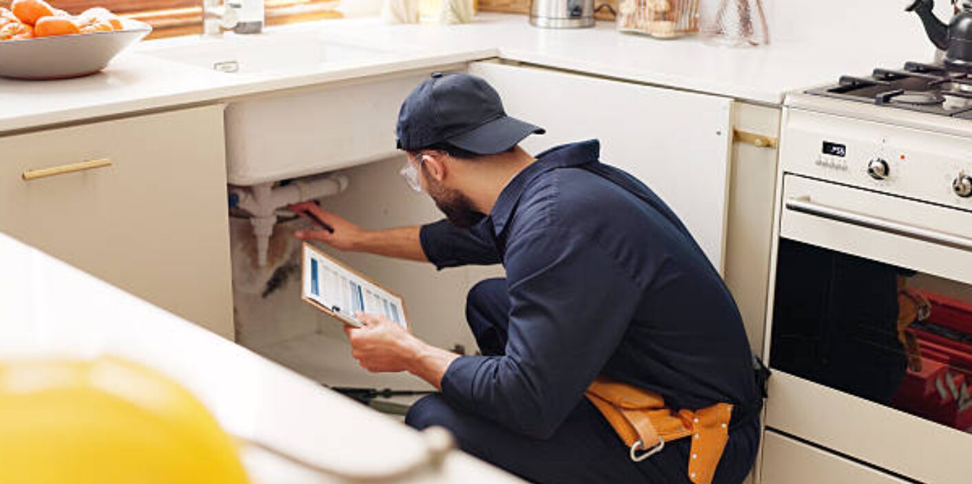 Professional plumber inspecting pipes under a kitchen sink during an Annual Plumbing Checkup