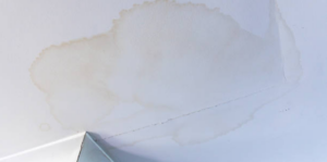 A large yellow water stain on a white ceiling caused by a hidden leak and a persistent dripping sound.