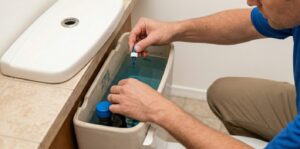 Homeowner adding blue dye drops to a toilet tank to test for hidden water leaks