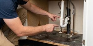 Person inspecting under-sink pipes and drain showing water damage and signs of a hidden water leak