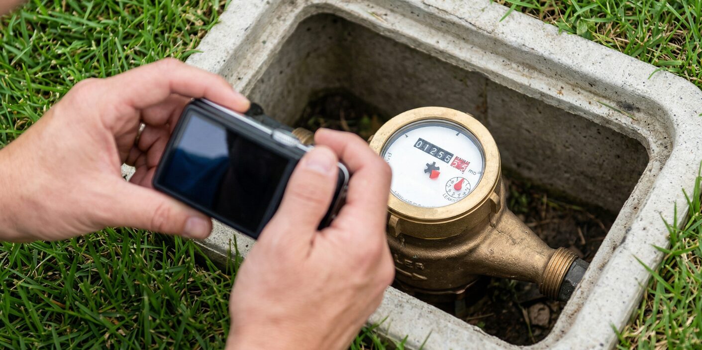 Hands photographing a residential water meter to monitor for hidden water leaks