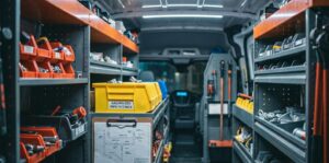 Interior of a fully stocked plumbing service van with organized tools and galvanized pipe fittings, ready to respond to emergency plumber Knoxville calls including hidden water leaks