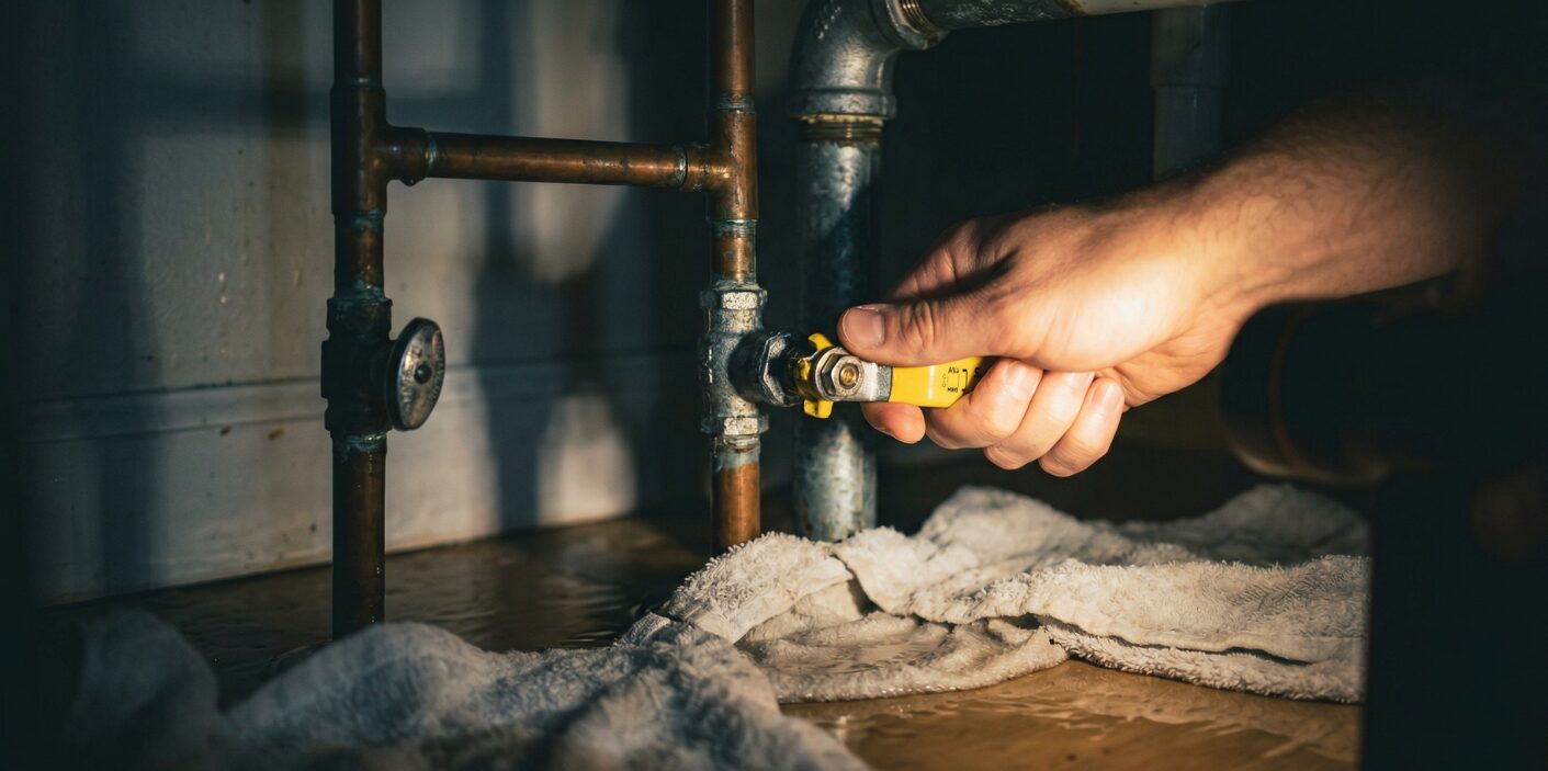 A plumber shutting off a water valve under a sink with wet towels on the floor, addressing hidden water leaks before further damage occurs