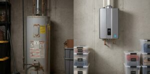 A side-by-side comparison showing a bulky, rusted traditional water tank next to a compact, wall-mounted tankless water heater in a clean basement.