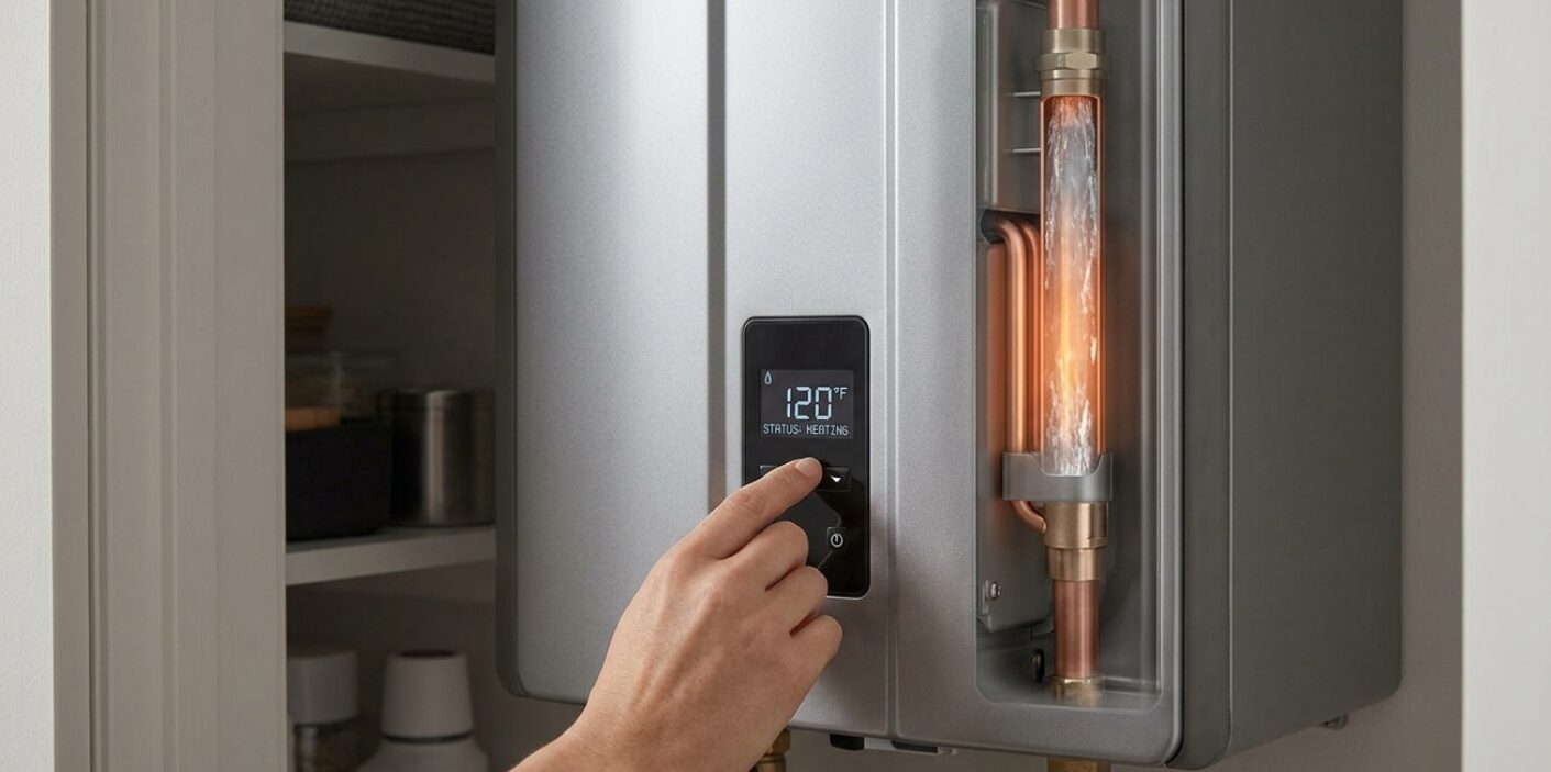 A close-up of a sleek, wall-mounted tankless water heater with a digital display showing the water temperature and a person’s hand adjusting the settings.