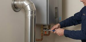 A professional plumber in a blue uniform installing a tankless water heater, focusing on the copper pipe connections and specialized venting system.