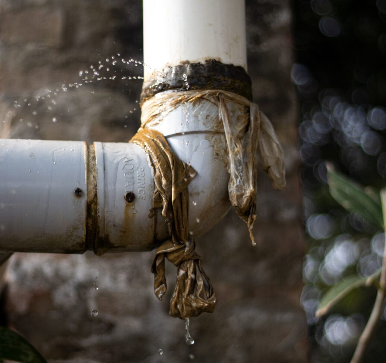 Leaking PVC pipe joint with water spraying from a damaged connection at a Knoxville Tennessee home